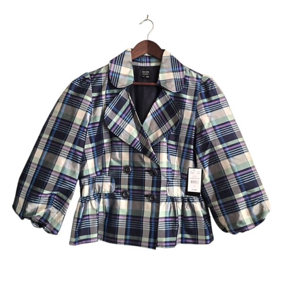 Nicole Miller NWT Plaid Silk Blend Double Breasted Peplum Blazer Sz 14 - Picture 1 of 10
